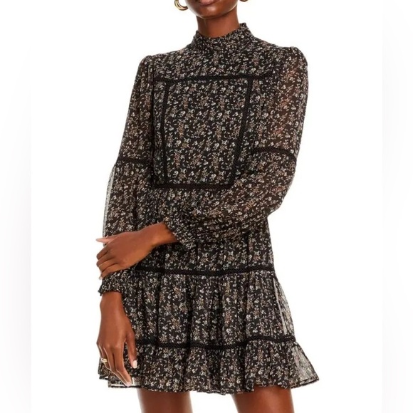 Aqua Ditsy Floral Black Dress Ruffle High Neck Embroidery Small Whimsigoth Boho - Picture 3 of 16